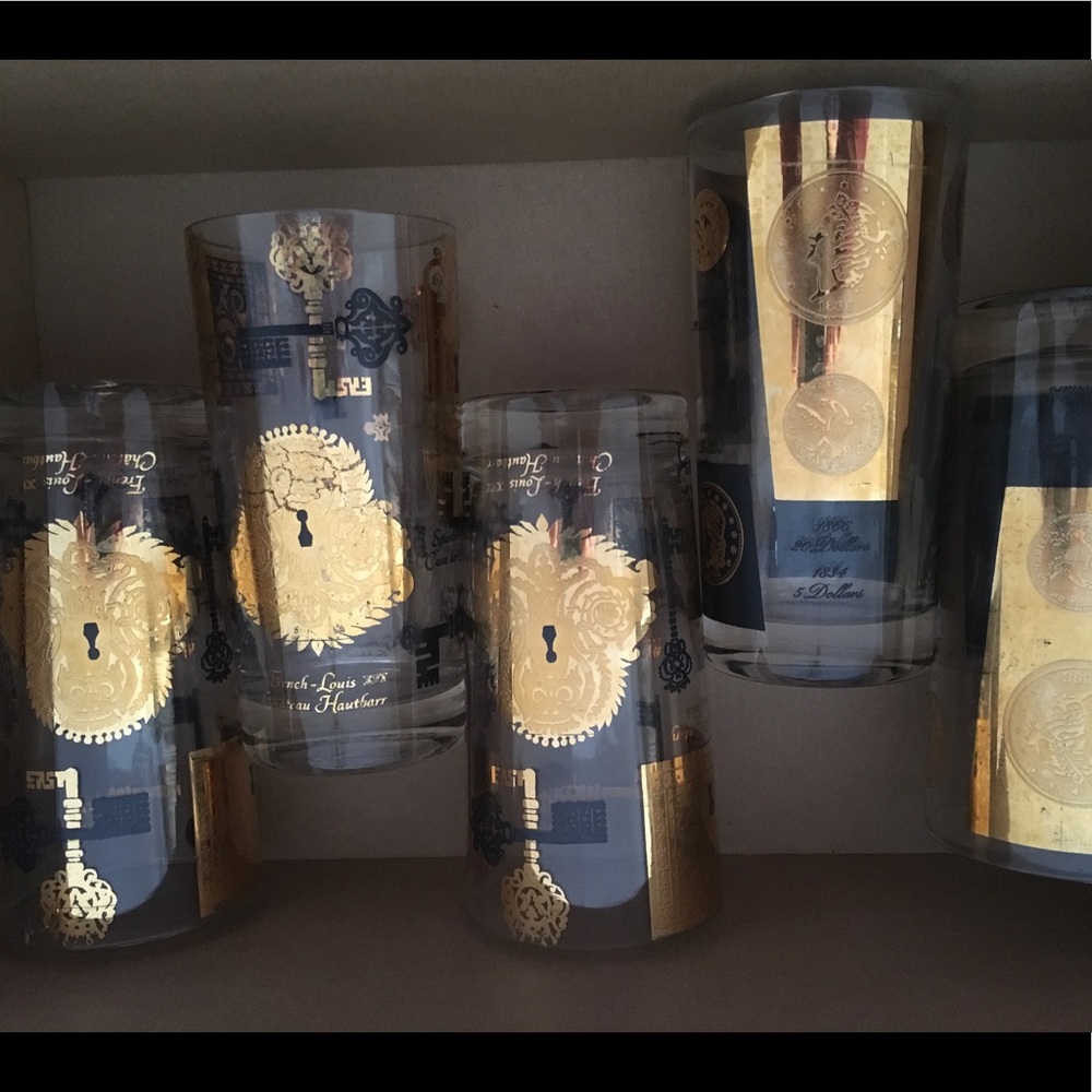 Mid Century Modern Tall Glass Gold embellished drinking glass MCM glassware